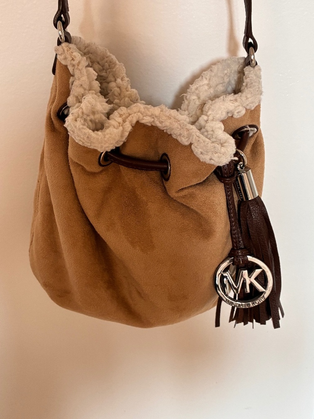 Michael Kors suede shearling mini bucket crossbody